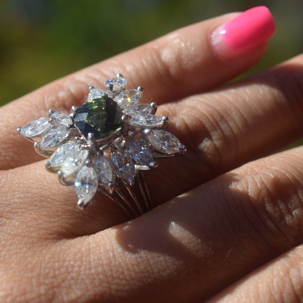 Custom-Made Beautiful Diamond & Cushion Cut Tourmaline 14K White Gold Ring